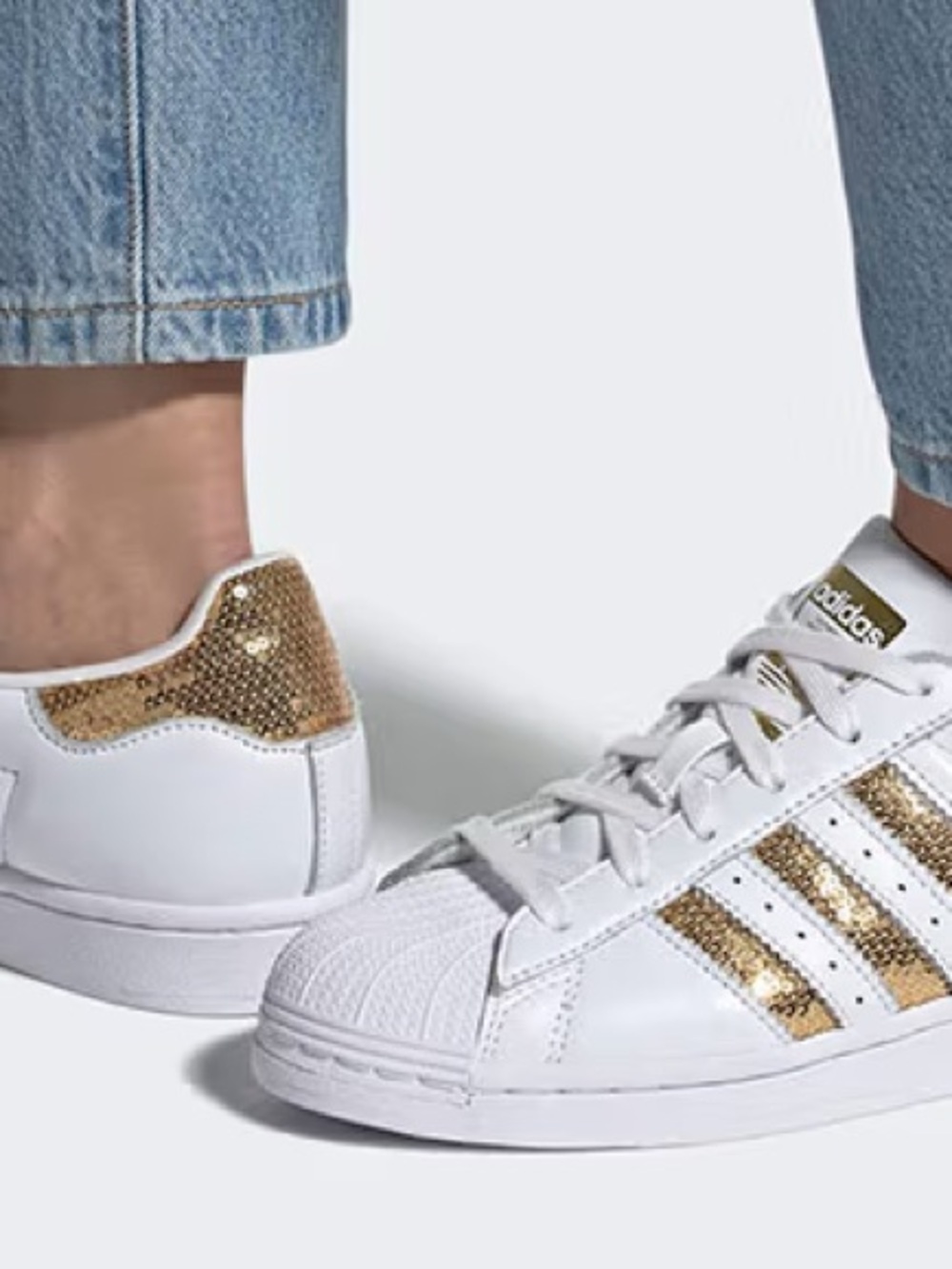 adidas White Low-Top Sneakers with Gold Sequin Stripes